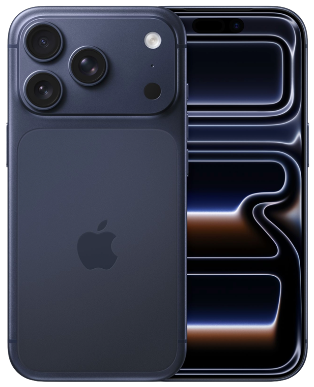 iPhone 17 Pro w kolorze głębokiego granatu — przód i tył
